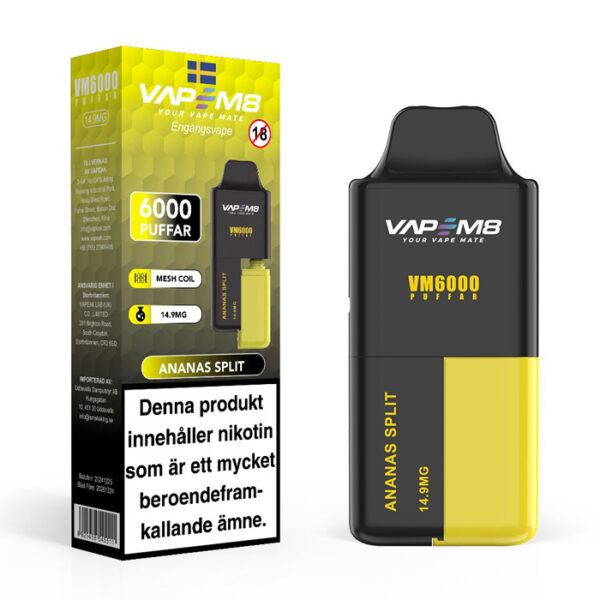 VapeM8-VM6000-14-9mg-engangs-vape-ananas-split vape 6000 puffar