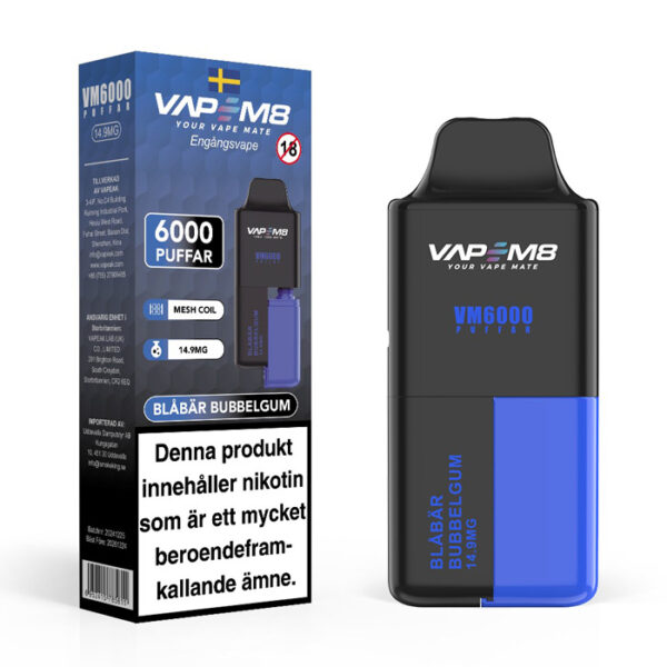 VapeM8-VM6000-14-9mg-engangs-vape-blåbär-bubbelgum vape 6000 puffar